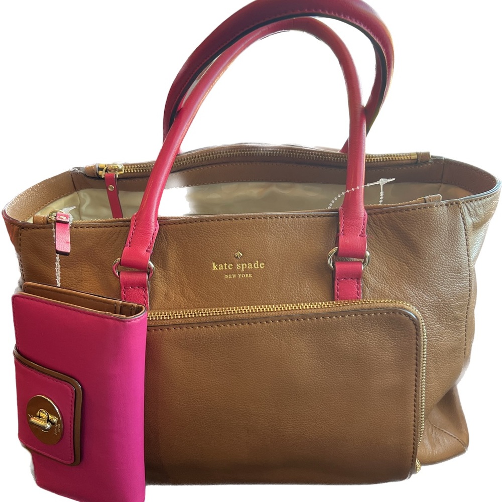 Kate Spade Brown and Pink Leather Tote Bag with Wallet
